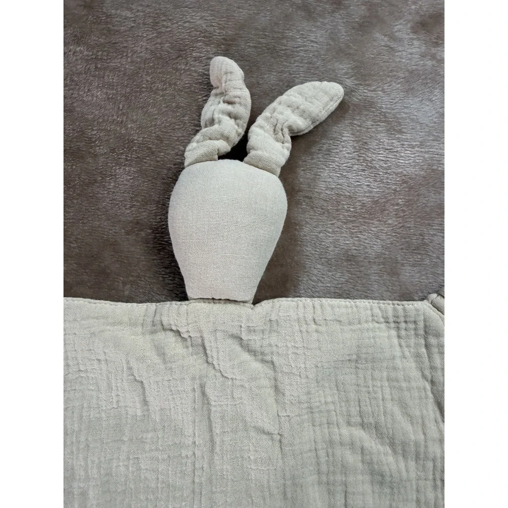 Rabbit Lovey Security Blanket Muslin Cotton Beige Knotted Corners